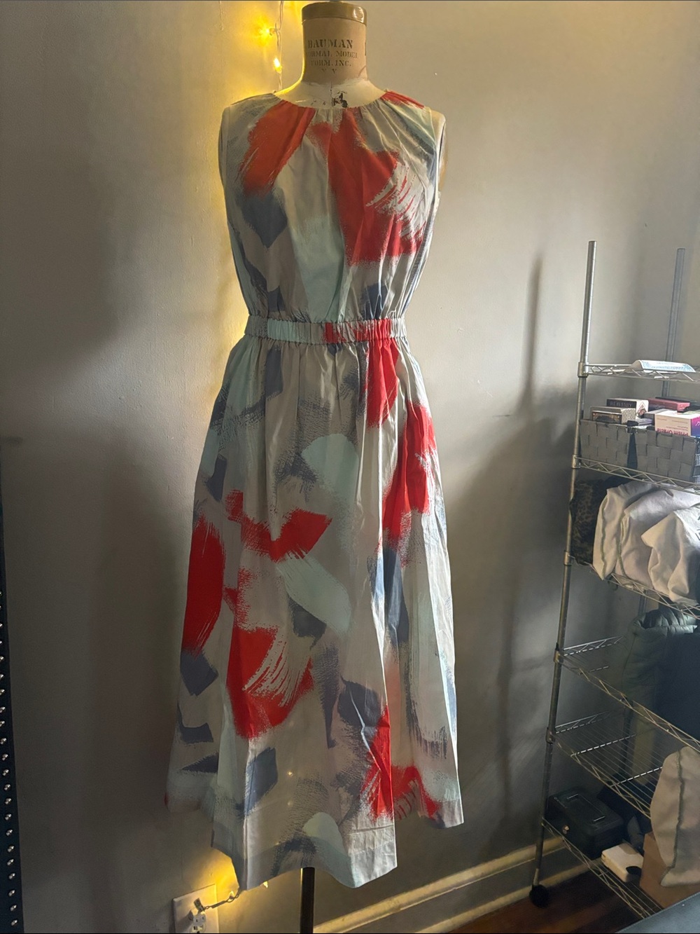 Esprit Sleeveless Midi Dress in Red & Light Blue Brushstroke Print
